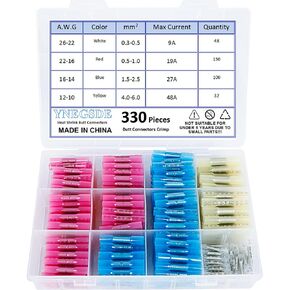 Heat Shrink Butt Connectors Waterproof Electrical Wire Crimp Connectors AWG 26-10 Heat Shrink Connectors - Red Blue Yellow White Marine Grade Butt Splice Connectors for Automotive, Boat DIY 330PCS