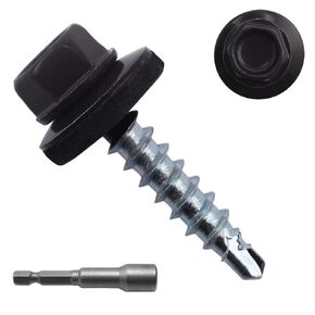 300pcs #10 x 1 Brown Hex Head Self-Drilling Metal Roofing Screws, EPDM Washer, Colored Head, Wood Screws, Sheet Metal Roof Screw with Hex Driver Bit