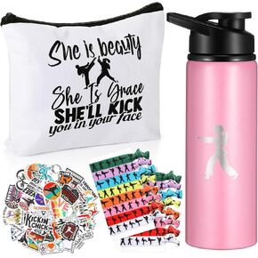 Baderke 68 Pcs Valentine’s Day Karate Gift Set Taekwondo Gift for Women Include Karate Water Bottle Cosmetic Case Bag Martial Arts Stickers and Hair Ties for Karate Lover DIY Birthday Gift