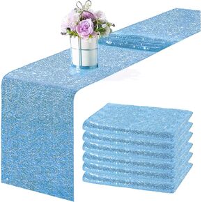 6 Pieces 12 x 108 Inches Sequin Table Runners Glitter Sequin Runner Rectangular Table Runner Cloth for Christmas New Year Birthday Wedding Holiday Party Decorations (Lake Blue)