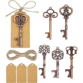 25 PCS Vintage Skeleton Key Bottle Openers, Party Return Gifts for Guests, Key Bottle Opener with Escort Card Tag and Twine for Wedding Party Favors Rustic Decoration (5 Styles, Red Copper)