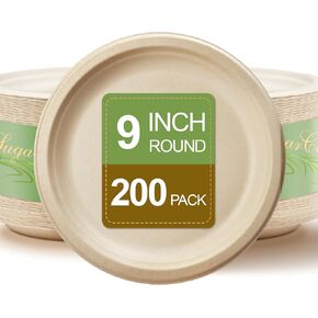 Paper Plates, Compostable Heavy Duty Disposable 9 Inch Plates - Eco-Friendly, Biodegradable Sugarcane Bagasse, Natural Unbleached Brown 9" Dinner Paper Plate Disposable (9inc-200Pack)