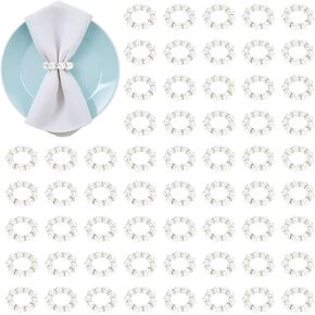 60 Pcs Pearl Napkin Rings, Round Napkin Buckles Imitation Pearl Beaded Napkin Rings Holder White with Elastic, Elegant Rhinestone Serviette Rings for Weddings Home Dinner Party Table Decor