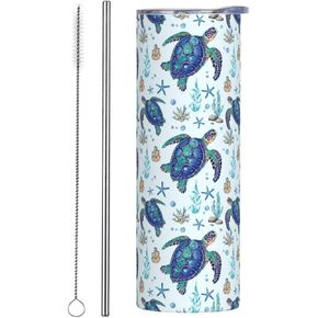 Turtle Tumbler With Lid And Straw Stainless Steel 20oz Sea Turtle Skinny Tumbler Ocean Insulated Turtle Water Bottle Starfish Turtle Seaweed Cups Coffee Mug Travel Tumbler Sea Turtle Gifts For Women