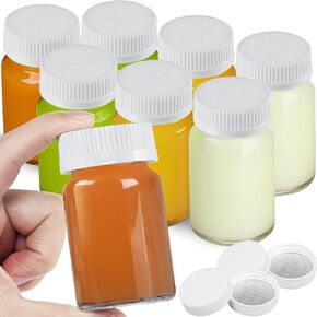 Syntic 8 Pack 2.5 أوقية عصير فم عريض مع 8 أغطية المسمار المسمار المغطاة و 4 أغطية محكمة الإغلاق! زجاجات زجاج زجاجية صغيرة صافية للزيت والزنجبيل وزجاجة السفر وقابلة لإعادة الاستخدام وغسالة الصحون آمنة