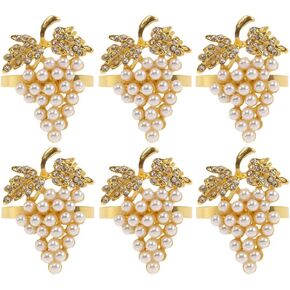 Set of 6 Grape Napkin Rings Imitation Pearl Gold Alloy Napkin Ring Holders for Dinning Table Decor