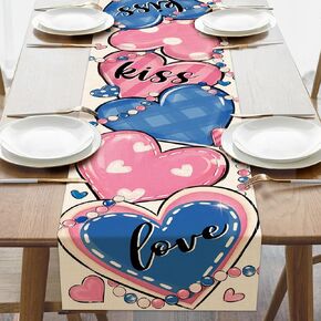 Valentines Day Love Kiss Table Runner, Pink Blue Hearts Beads Polka Dots Stripes Kitchen Dining Table Decoration, Anniversary Wedding Burlap Indoor Outdoor Home Decor Party Supply 13 x 72 Inches