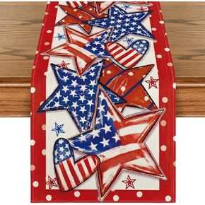 Artoid Mode Stars Red 4th of July Table Runner, Heart Patriotic Memorial Day Kitchen Dining Table Decoration for Home Party Decor 13x36 Inch
