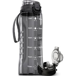 AQUAFIT 32 oz Water Bottle with Time Marker - 2in1 Straw & Chug Lid - BPA Free Big Water Bottle with Straw - Gym Water Bottle with Handle - Water Jug (Black5, 32 oz - 2in1 Lid)