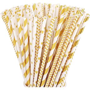 ALINK Biodegradable Gold Paper Straws Bulk, Pack of 100 Metallic Foil Striped/Wave/Heart/Star Straws for Birthday, Wedding, Bridal/Baby Shower, Celebrations and Party Supplies