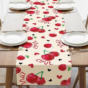 Valentines Day Cherry Table Runner, Love Hearts White Kitchen Dining Table Decoration, Anniversary Wedding Burlap Indoor Outdoor Home Decor Party Supply 13 x 72 Inches