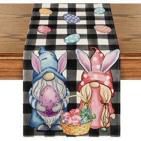 Artoid Mode Buffalo Plaid Bunny Gnomes Eggs Easter Table Runner, Spring Summer Seasonal Holiday Kitchen Dining Table Decor for Indoor Outdoor Home Party Decoration 13 x 72 Inch