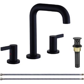 RKF Bathroom Faucets for Sink 3 Hole Matt Black 8 inch Widespread Bathroom Sink Faucet with Drain Double Lever Handle Faucet Bathroom Vanity Faucet Basin Mixer Tap Faucet with Hose & Deck CWF028-MB