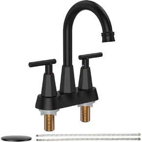 Bathroom Faucets for Sink 3 Hole, 4 inch Matte Black Bathroom Sink Faucet with Pop-up Drain and 2 Supply Hoses, Stainless Steel Lead-Free 2-Handle Centerset Faucet (Matte Black)