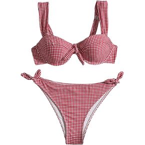 MakeMeChic Women's 2 Piece Plaid Bikini Sets Gingham Print Bow Knot Backless Swimsuits High Waist Bathing Suit