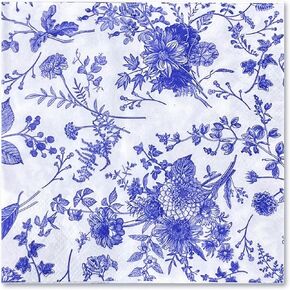 WRAPAHOLIC 25Pcs Blue Floral Cocktail Napkins - Blue and White Toile Paper Napkins for Bridal and Baby Shower, Tea Party, Garden Party, Birthday Party- 5 x 5 In