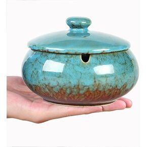 Handmade Ceramic Ashtray with Lids, Windproof Cigarette Ashtray Smokeless for Indoor or Outdoor, Ash Holder for Patio Desktop Office Smokers, Ash Tray for Tabletop Home Office Decor (Blue)