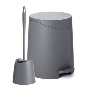 Superio Bathroom Trash Can with Toilet Brush Set Grey Modern 6 Liter Small Waste Basket Plastic Step On Garbage Can and Toilet Bowl Cleaner Bathroom Accessories Set, Grey