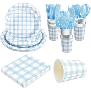 168Pcs Gingham Party Supplies for 24 Guests Thick Paper Plates and Napkins Knives Spoons Forks Cups Disposable Party Set Cutlery for Dinner Baby Shower Wedding Favor(Blue)