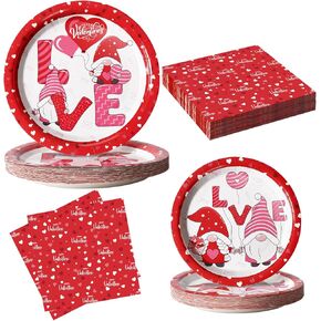 Valentine's Day Plates and Napkins, Disposable Party Supplies for Valentine's Day Party Decorations, Gnomes Printing Paper Plates Serve 24 Guests