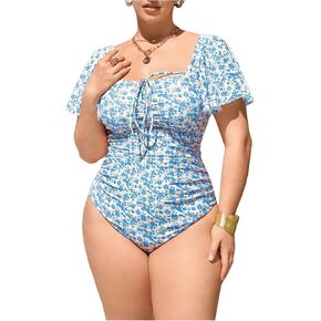 Floerns Women's Plus Size Floral One Piece Swimsuit Square Neck Ruffle Sleeve Bathing Suit
