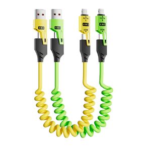 4 in 1 Spring Fast Charging Cable (2Pack), 65W USB-C PD Multi Fast Charging Cable, 1.2m/4ft Coiled Retractable Charging Cable for iPhone Samsung Laptop Multi Device Charging -Yellow+Green