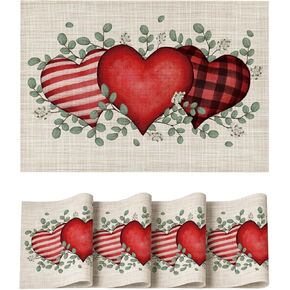 Artoid Mode Eucalyptus Hearts Vinyl Valentine's Day Placemats Set of 4, 12x18 Inch Wipeable Non-Slip PVC Place Mats for Party Kitchen Dining Decor