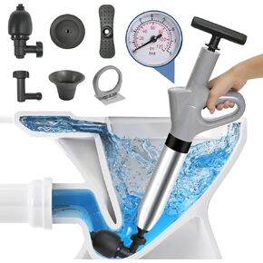 Toilet Plunger Clog Remover, High-Pressure Toilet Plunger for Clogged Toilet with Real-Time Barometer Plunge Blaster Multi-Drain Unclogger for Bathroom, Sink, Floor, Kitchen Clogged（Gray）