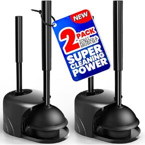 2Pack 2 in 1 Toilet Brush and Plunger Set, Extended Handle Plunger,Toilet Bowl Brush Plunger Set,Bathroom Cleaning Tools,Cleaning Brush,Cleaning Supplies,Toilet Brush Plunger Combo,Black