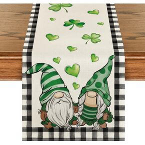 Artoid Mode Buffalo Plaid Gnomes Heart St. Patrick's Day Table Runner, Seasonal Spring Kitchen Dining Table Decoration for Home Party Decor 13x72 Inch