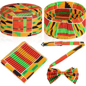 3 Pcs African Kente Kufi Hat Kente Tie and Pocket Square Socks Set Black History Month Accessories for Men