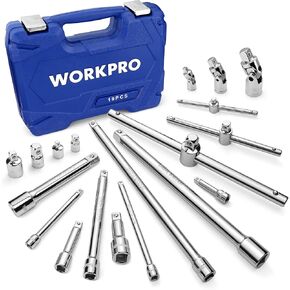 WORKPRO 19-Piece Drive Tool Accessory Set, Includes Socket Adapters, Extensions Set, Universal Joints and Sliding Bar T-handle Wrench, 1/4" 3/8" & 1/2" Drive, Chrome Vanadium Steel with Mirror Finish