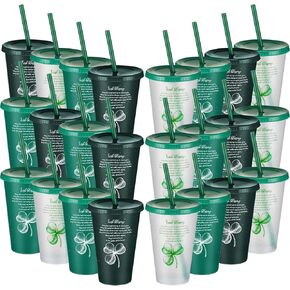 24 Pcs St. Patrick's Day Cups Clover Glitter 24 oz Drinking Tumblers with Lids and Straw Irish Blessing Plastic Cup Shamrock Sign Good Luck Gift for Patrick Day Irish Party Supplies Favors