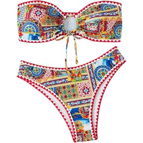 Floerns Women's Tribal Print Drawstring Strapless Bandeau Two Piece Bikini Swimsuit