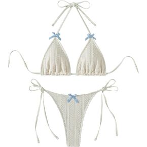 Women's 2 Piece Bikini Set Bow Decor Halter Triangle Swimsuit Cheeky String Bathing Suit