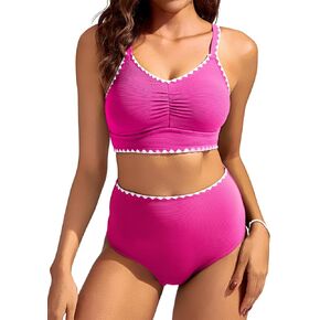 Kate Kasin Women's High Waisted Bikini Sets Color Block Two Piece Swimsuits Ribbed Shell Stitched High Cut Bathing Suits