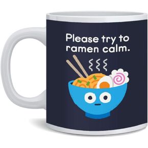 Please Try To Ramen Calm Funny Noodles Send Noods Food Pun Cartoon Cute Retro Ceramic Coffee Mug Tea Cup Fun Novelty Gift 12 oz