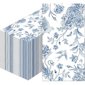 Tatuo 200 Pcs Blue Floral Paper Napkins Disposable Hand Towels for Bathroom Guest Decorative Napkins Paper for Bathroom Shower Toilet Powder Room Holiday Wedding Bridal Tea Party