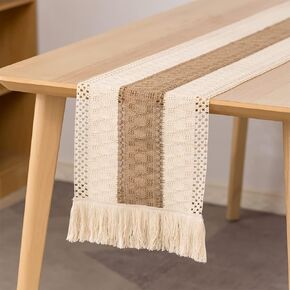 12 x 48 Inch Macrame Table Runner, Natural Burlap Table Runner, Woven Rustic Table Runner, Bohemian Woven Table Runner with Tassels for Wedding Dinner Table Decor