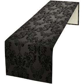 Black Damask Table Runner, Vintage Gothic Floral Skull Exotic Moth Bohemian Antique Victorian Baroque Dinner Runner for Farmhouse Party Holiday Home Kitchen Dining Table Decor 13"x36"