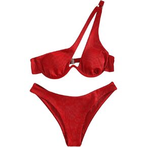 MakeMeChic Women's Bikini Sets Rib Knitted Cut Out One Shoulder Backless Summer Swimsuit Bathing Suits
