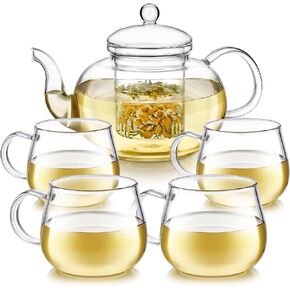 Teabloom Heatproof Glass Teapot Set with Removable Loose Tea Infuser (Standard Size: 32oz/946ml) and Four Borosilicate Glass Teacups (7oz/207ml) - Lead-free Blossoms Glass Tea Set