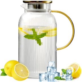 68 oz/2 Liter Glass Pitcher with Lid, Modern Vertical Stripes Iced Tea Pitcher, Glass Water Pitcher for Cold Brew Coffee,Hot Water, Milk