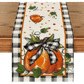 Artoid Mode Pumpkin Bow Buffalo Plaid Fall Table Runner,Seasonal Autumn Kitchen Dining Table Decoration for Home Party Decor 13x72 Inch