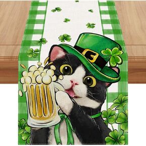 Linen Green Watercolor Cat and Shamrock St. Patrick's Day Table Runner 72 Inches Long St Patricks Day Decor Irish Saint Patricks Day Home Kitchen Dining Room Table Decorations