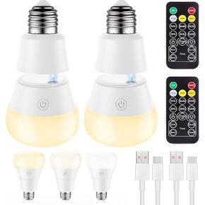 SCOPOW Magnetic and USB Charging 2IN1 Rechargeable Light Bulb with Remote Control Timer and 3 Color Temperature Battery Operated Light Bulb Dimmer Emergency LED Light Bulbs Detachable(E26, 2)