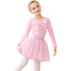Kids Girls Ballet Wrap Top Long Sleeve Dance Crop Tops with Chest Pleats Cotton Shrug Sweater