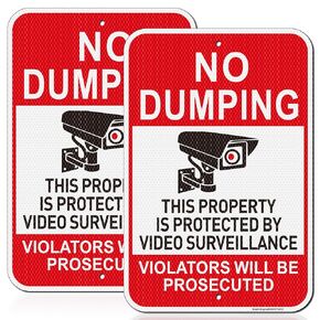 No Dumping Sign, No Dumping Property Protected By Video Surveillance Sign, 2Pack-18"x12" Engineer Grade Rust Free Reflective Aluminum, Fade Resistant, Weatherproof，UV Protected, Easy to Mount