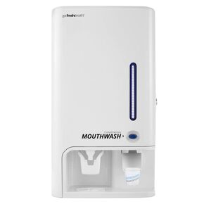 GotFreshBreath Manual Mouthwash Dispenser with Cup Holder – Standing or Wall-Mounted, Slim, Commercial or in-House Dispenser with 100 Cups & 50 Oz. Alcohol-Free Mouthwash (White)…