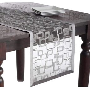 Fennco Styles Embroidered Geometric Sheer Table Runner 16" W x 36" L - Silver Table Cover for Home, Dining Room, Banquets, Christmas and Special Events